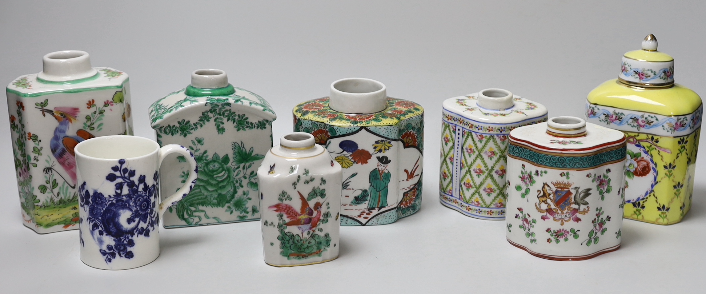 A group of seven floral Continental tea canisters (one with cover) and a Worcester style bone china mug, the largest 15.5cm high